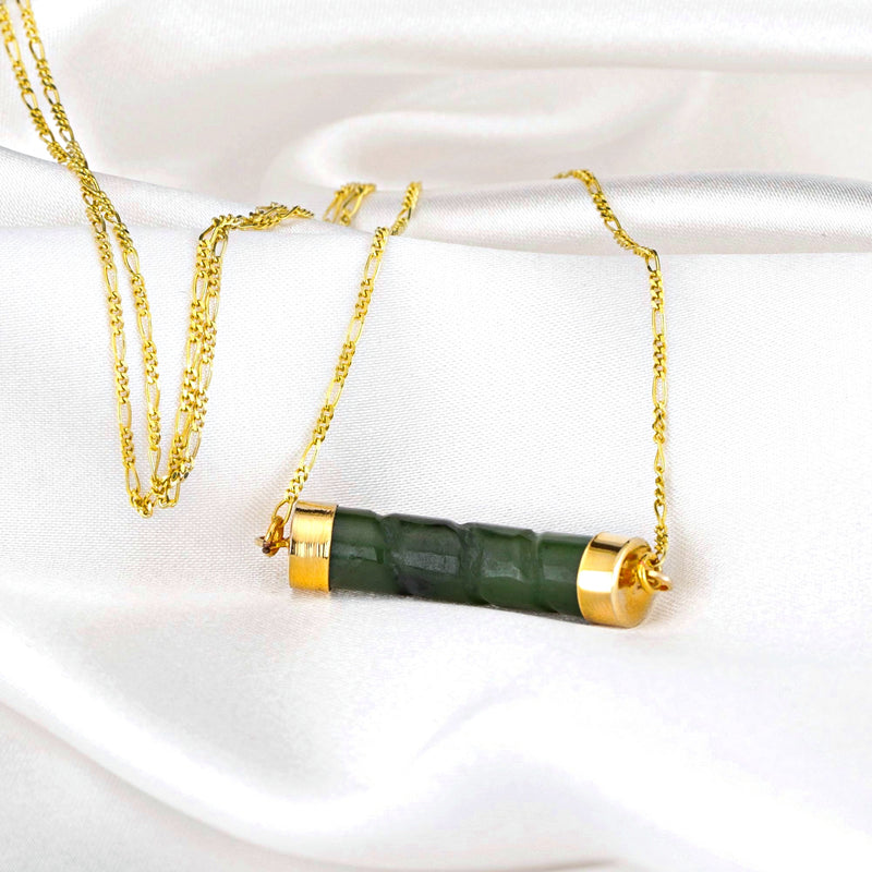 Jade Stab Gold Chain - 925 Sterling Gold Plated Crystal Green Gem Oriental Necklace - K925-93