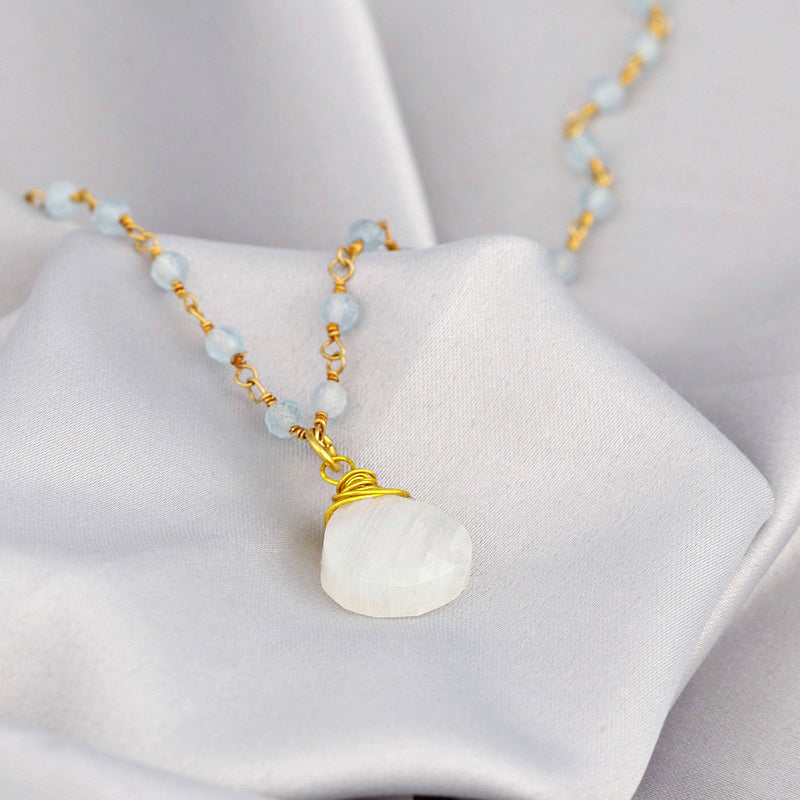 Chalcedon Drops Gold Necklace-Gold Plated Blue Gemstone Rondellen Elegant Necklace