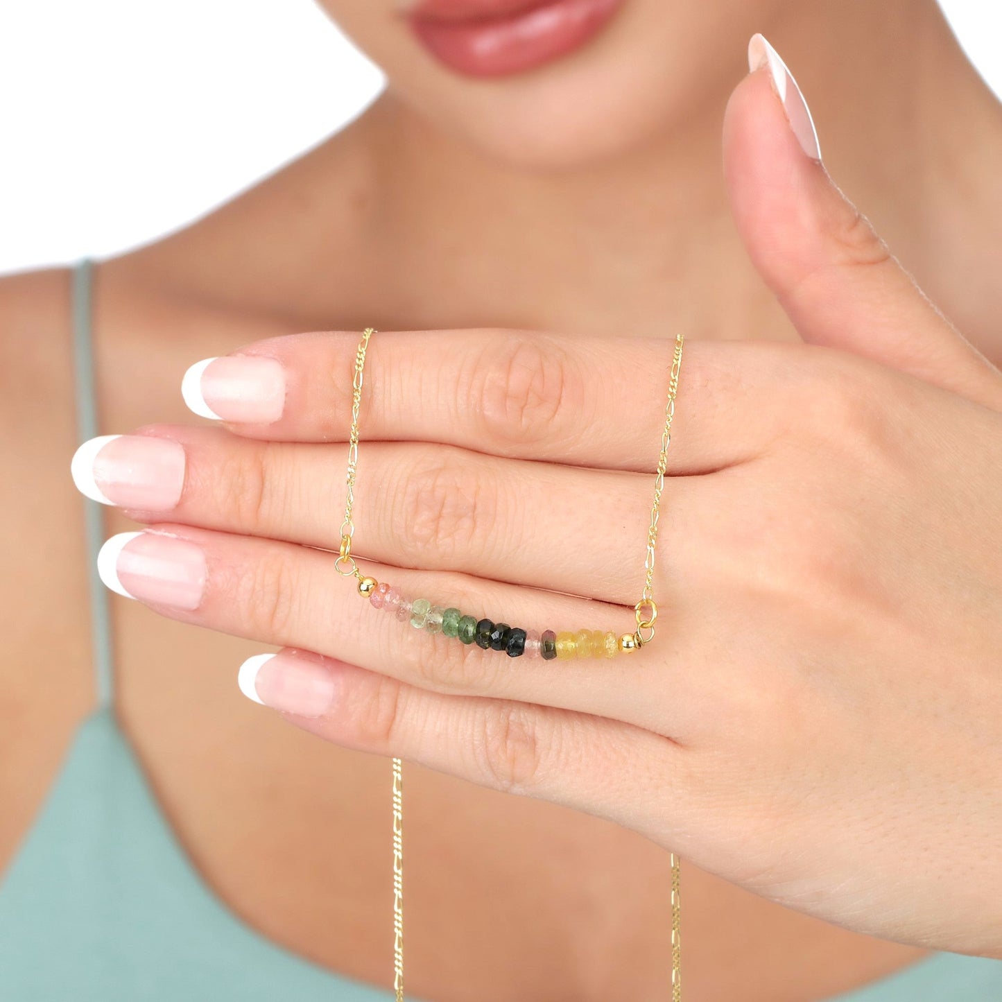 Tourmaline Gemstone Staff Necklace - 925 Sterling Gold Gilded Colorful Gemstone Rondelle Chain - K925-85