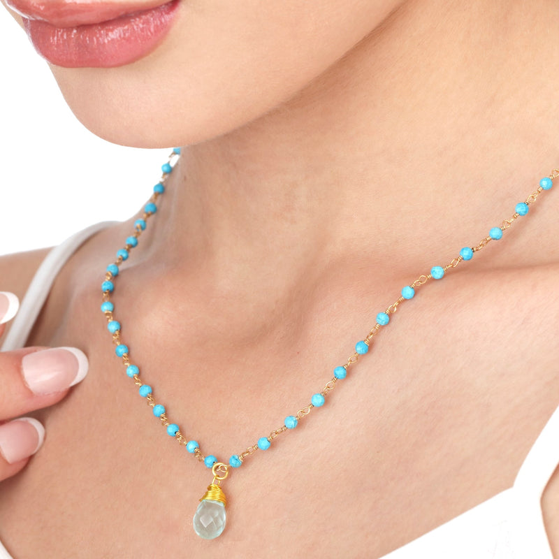 Chalcedon Drops Gold Necklace-Gold Plated Blue Gemstone Rondellen Elegant Necklace