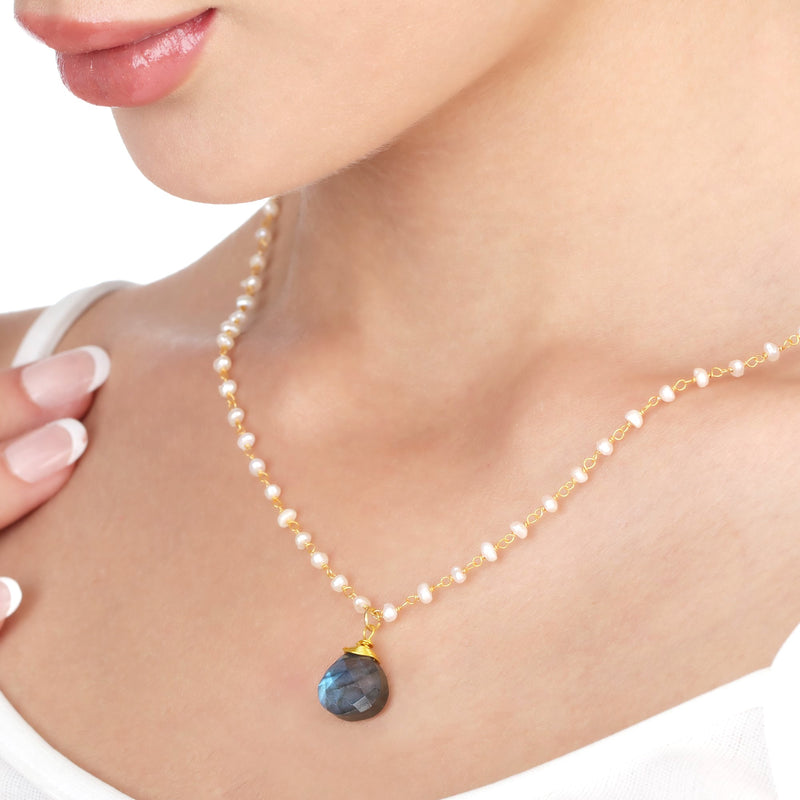 Chalcedon Drops Gold Necklace-Gold Plated Blue Gemstone Rondellen Elegant Necklace