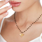 Gold Hummel Necklace with Onyx-gemstone necklace with petite bee pendant-VIK-03