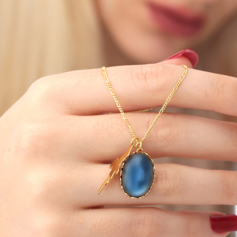 Swallow Blue Cabochon Pendant Chain - 925 Sterling Gold Plated Vintage Style Elegant Chain - K925-130