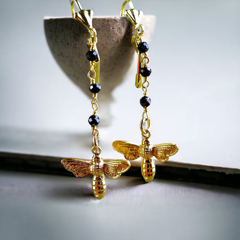 Golden Bees Earrings - Gem School Black Onyx Summer Jewelry - Vinohr-66