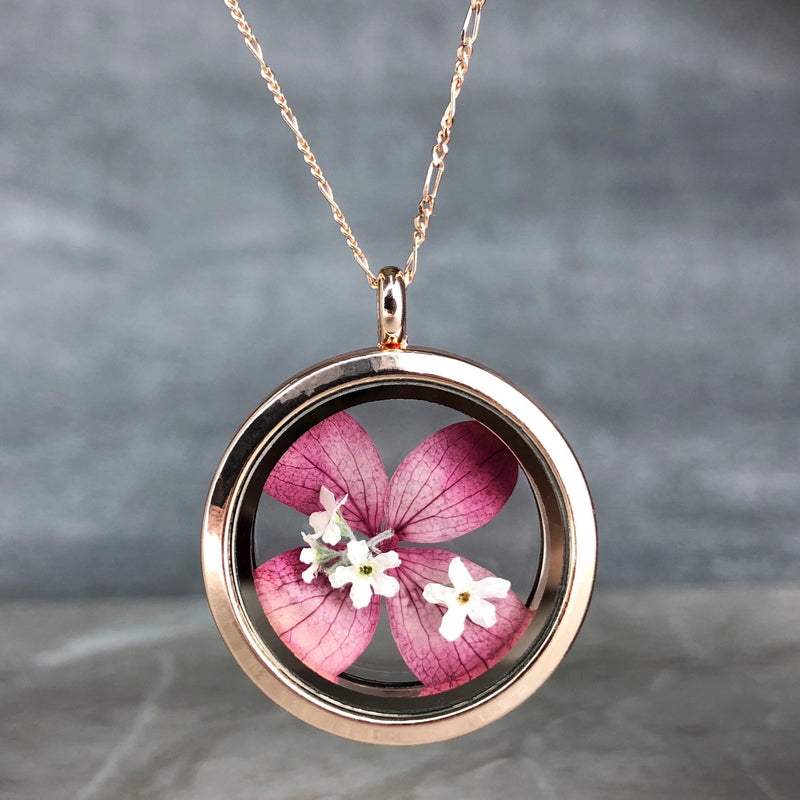 Hydrangea and forget-me-blossoms 925 Sterling Rosegold Gilded medallion chain