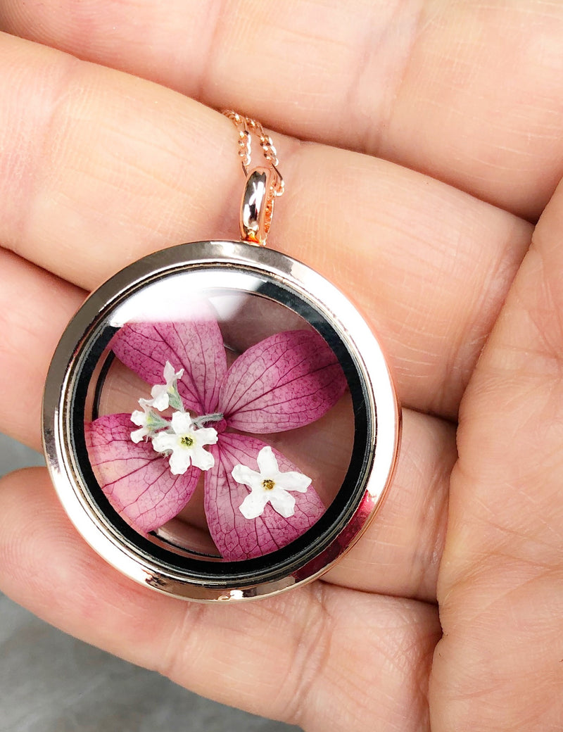 Hydrangea and forget-me-blossoms 925 Sterling Rosegold Gilded medallion chain