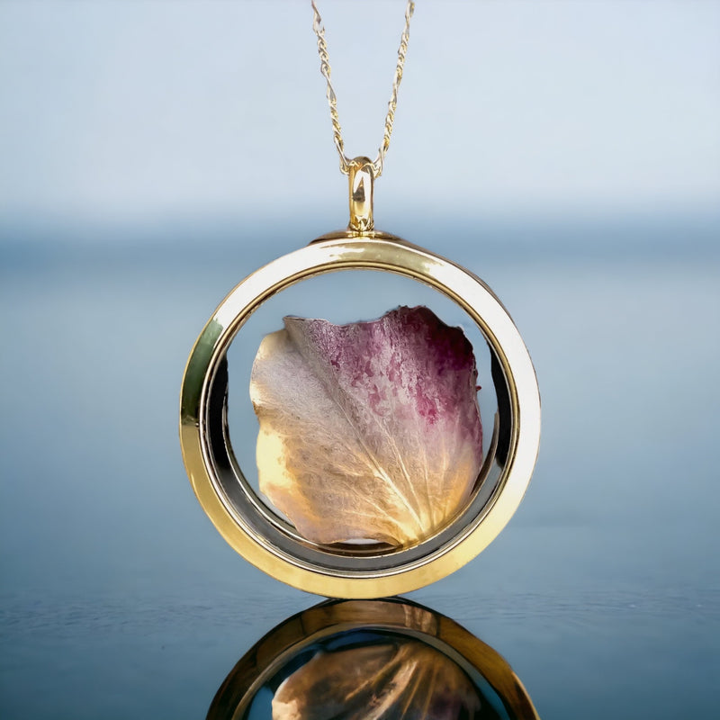 Hydrangeablade Gold Glass Medallion Pendant Chain - 925 Sterling Gold Plated Floral Necklace - K925-146