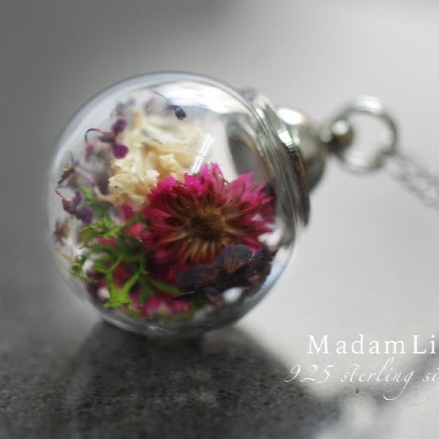 Floral Glass Ball Pendant with Real Blossoms - 925 Sterling Silver Wildflowers Necklace - K925-78