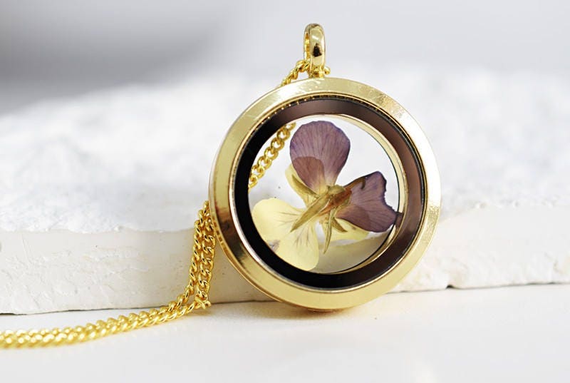 Pansy Glass Gold Locket Pendant Chain - Gold Plated Botany Floral Plants Genuine Flowers Necklace - VIK-71