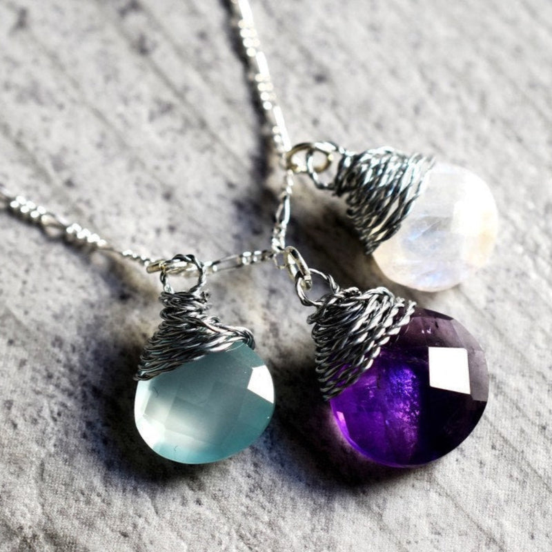 Gemstone chain with aquamarine moonstone & amethyst - 925 sterling silver - K925-133