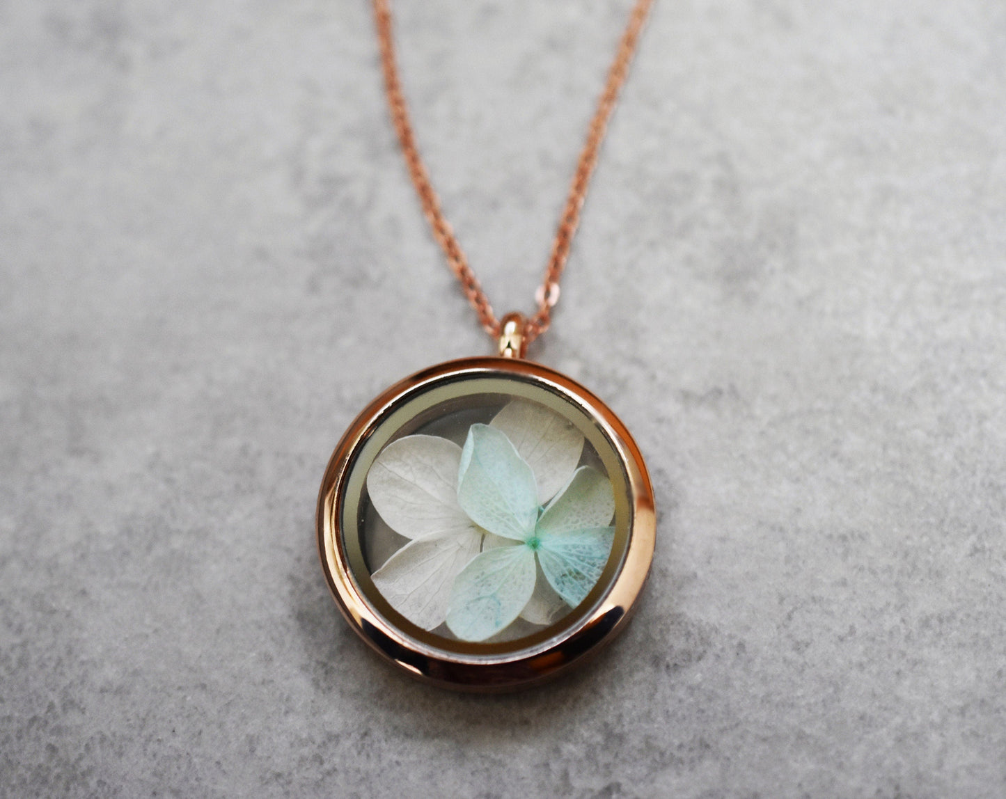 Hydrangea Blossoms Glass Medallion Pendant Chain - RoseGolded Floral Necklace - VIK-72