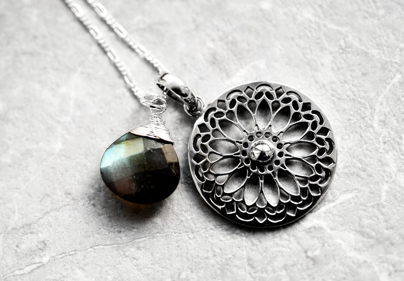 Labradorite Gemstone Mandala Jewelry Set - 925 Sterling Silver Meditation Chain - K925-118