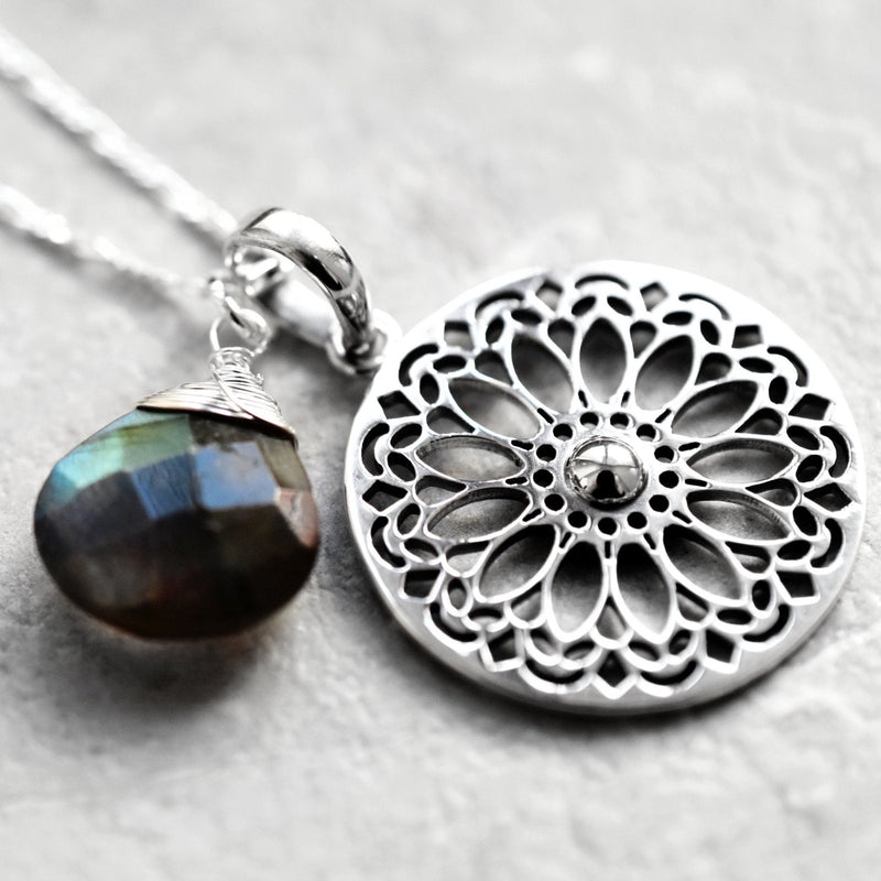 Labradorite Gemstone Mandala Jewelry Set - 925 Sterling Silver Meditation Chain - K925-118
