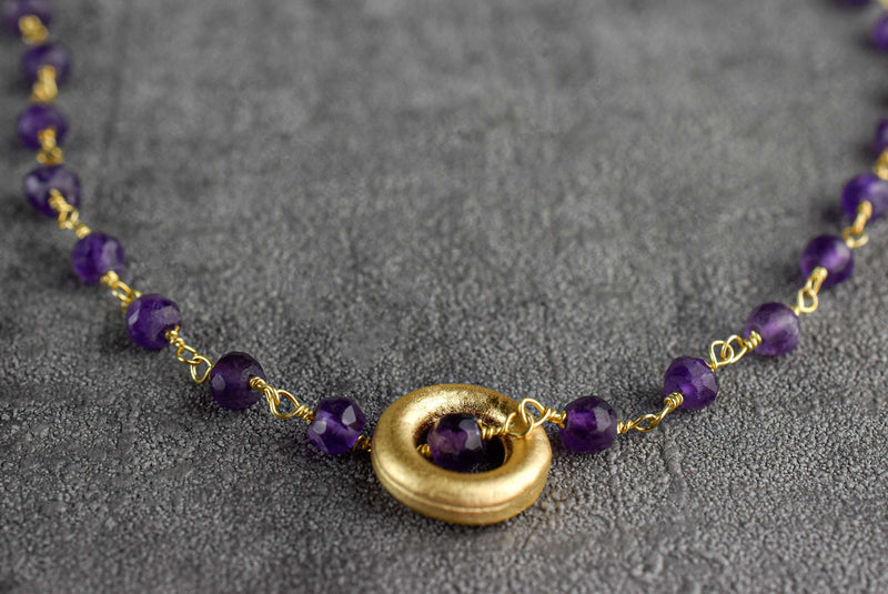 Amethyst Gold Circle Gold Chain Purple Violet Crystal Jewel Necklace VIK-01