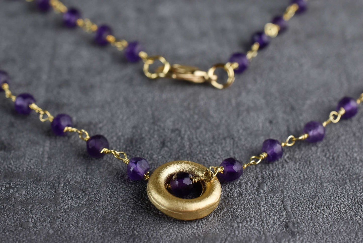 Amethyst Gold Circle Chain - Gold Plated Purple Violet Crystal Gem Necklace - VIK-01