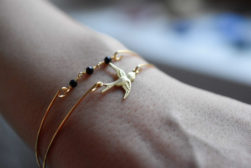 Onyx Swallows Gold Bangles Set - Gold Plated Black Gem Rondella Animal Bird Swallow Jewelry Set - Retremm-38