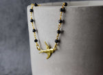 Onyx Swallow Gold Pendant Necklace-Gold-plated Bird Black Gemstone Rondelle Necklace-VIK-04