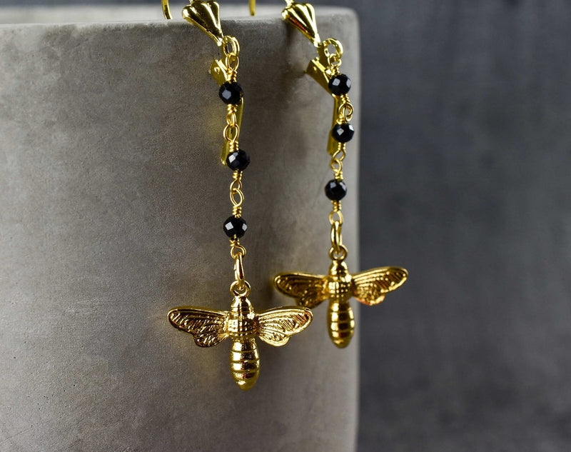 Golden Bees Earrings - Gem School Black Onyx Summer Jewelry - Vinohr-66