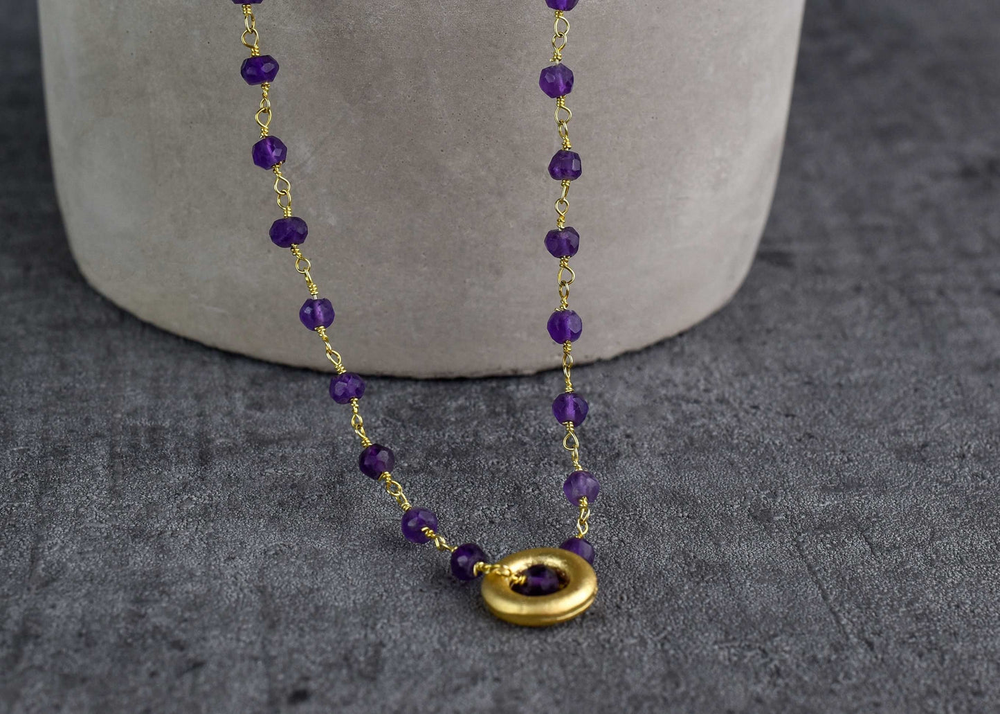 Amethyst Gold Circle Chain - Gold Plated Purple Violet Crystal Gem Necklace - VIK-01