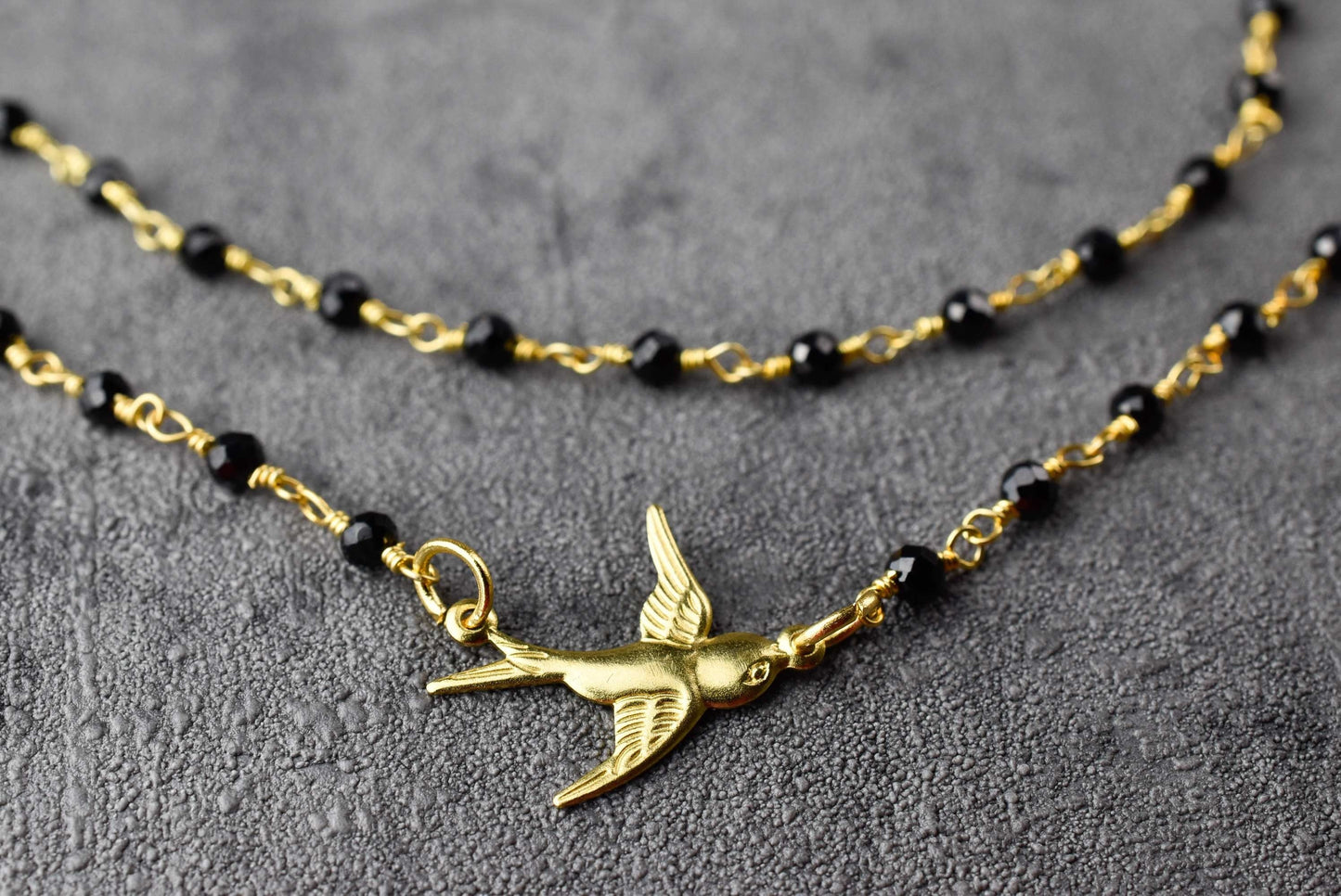 Onyx Schwalbe Gold Pendant Chain - Gold Plated Bird Black Gemstone Rondelles Necklace - VIK-04