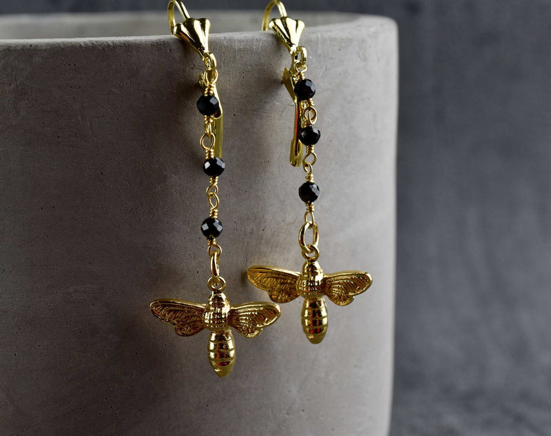 Golden Bees Earrings - Gem School Black Onyx Summer Jewelry - Vinohr-66