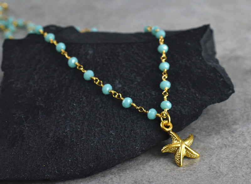 Chalcedon Seestern Gold Necklace-Gold-plated gemstone Rondellen Maritime necklace-VIK-105