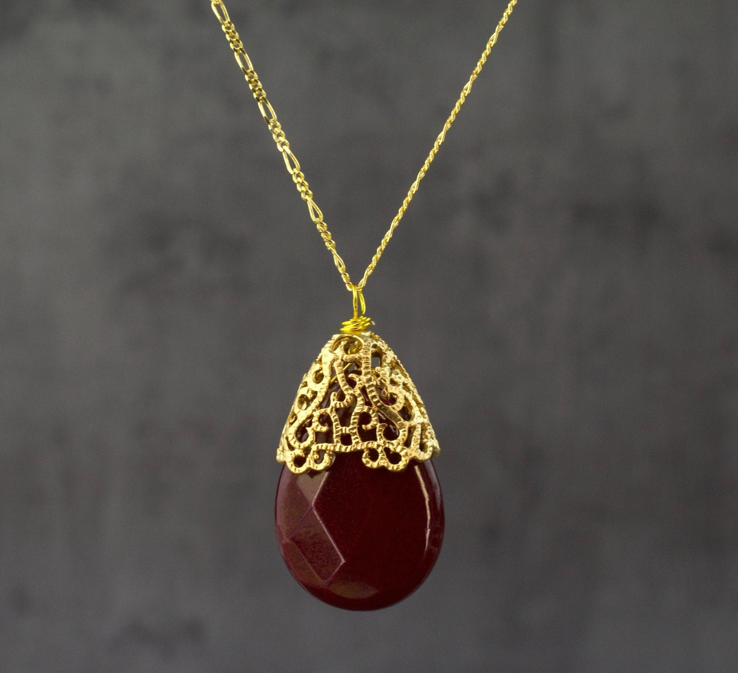 Jade Drop Gold Chain 925 Sterling Gilded Crystal Red Gem Oriental Necklace - K925-82