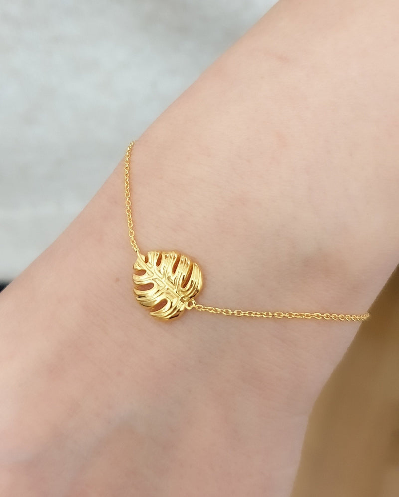 Monstera Leaf Gold Bracelet - 925 Sterling Gold Gilded Nature Jewelry - Arm925-46