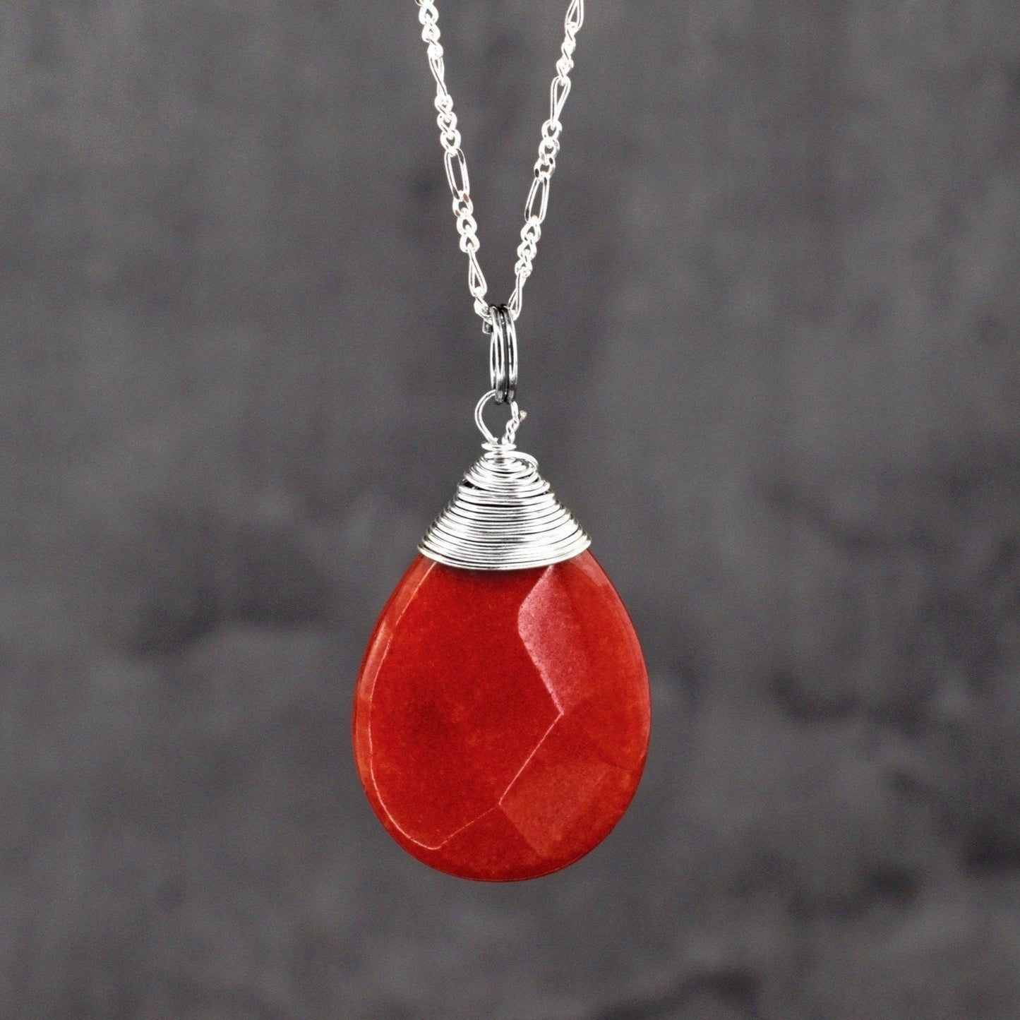 Jade Drop Silver Chain - 925 Sterling Pomegranate Crystal Red Gem Necklace - K925-42