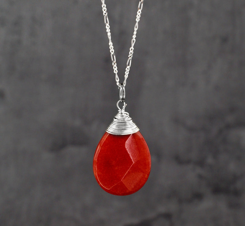 Jade drops Silver chain - 925 Sterling pomegranate Crystal Red gemstone necklace - K925-42