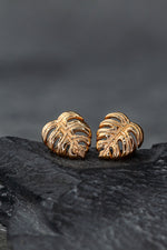 Monstera Leaf Stud Earrings - 925 Rosegold Gold Plated Exotic Leaves Earrings - Ear925-89