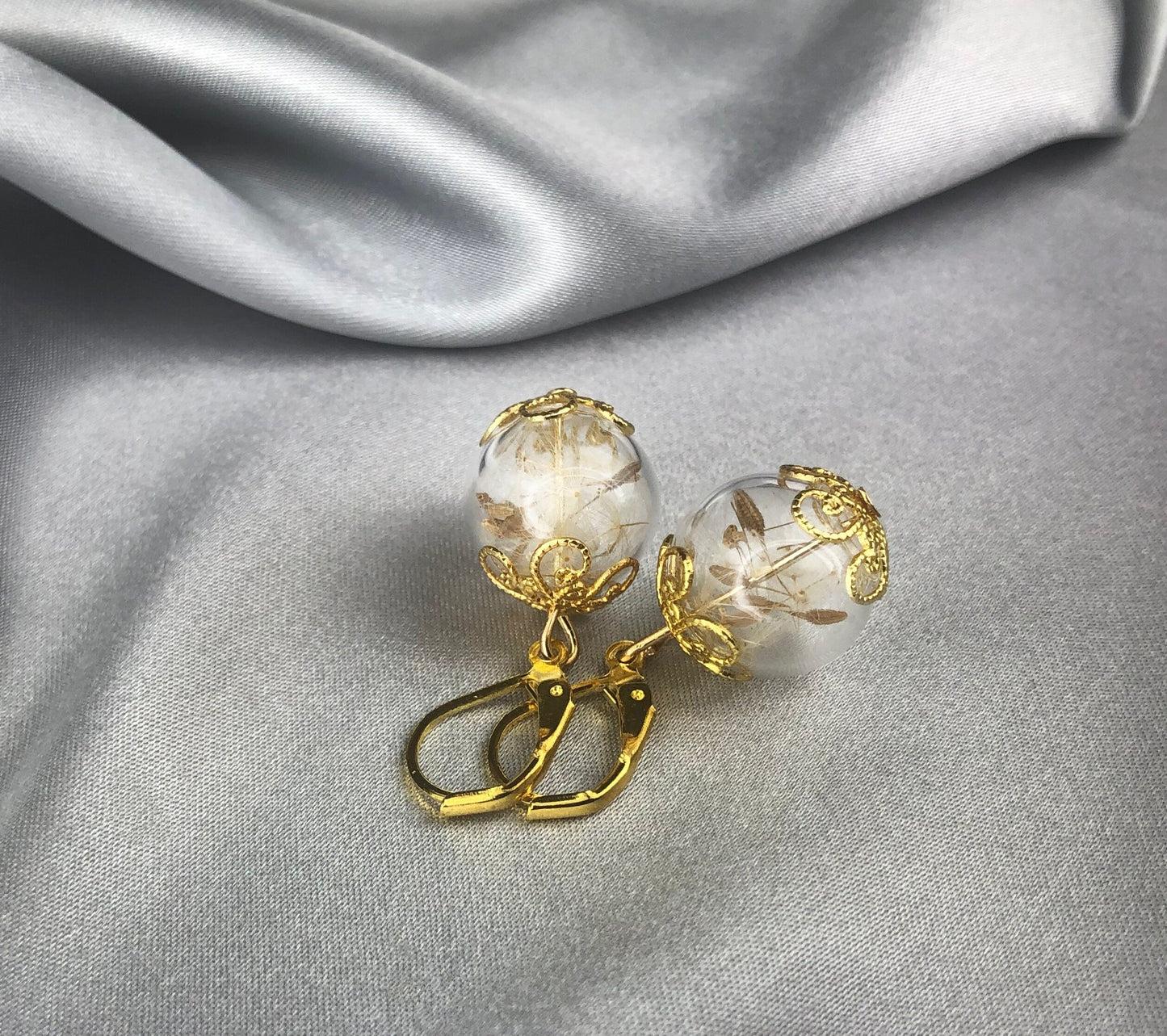 Real Pust Flowers Earrings - Golden Earrings with Dandelion Seeds - vinohr-71