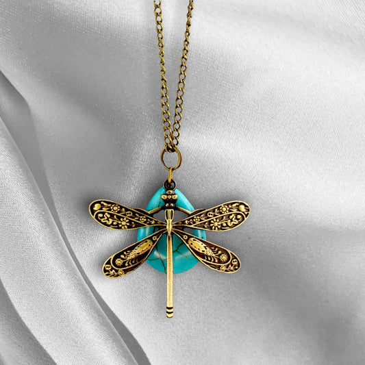 Turquoise Drop Dragonflies Pendant Chain - Bronze Dragonfly Blue Gem Necklace - VIK-124