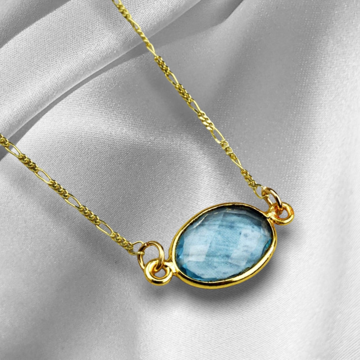 Aqua Chalcedon Charm Gold Chain - 925 Sterling Gold Plated Gem Summer Necklace - K925-20