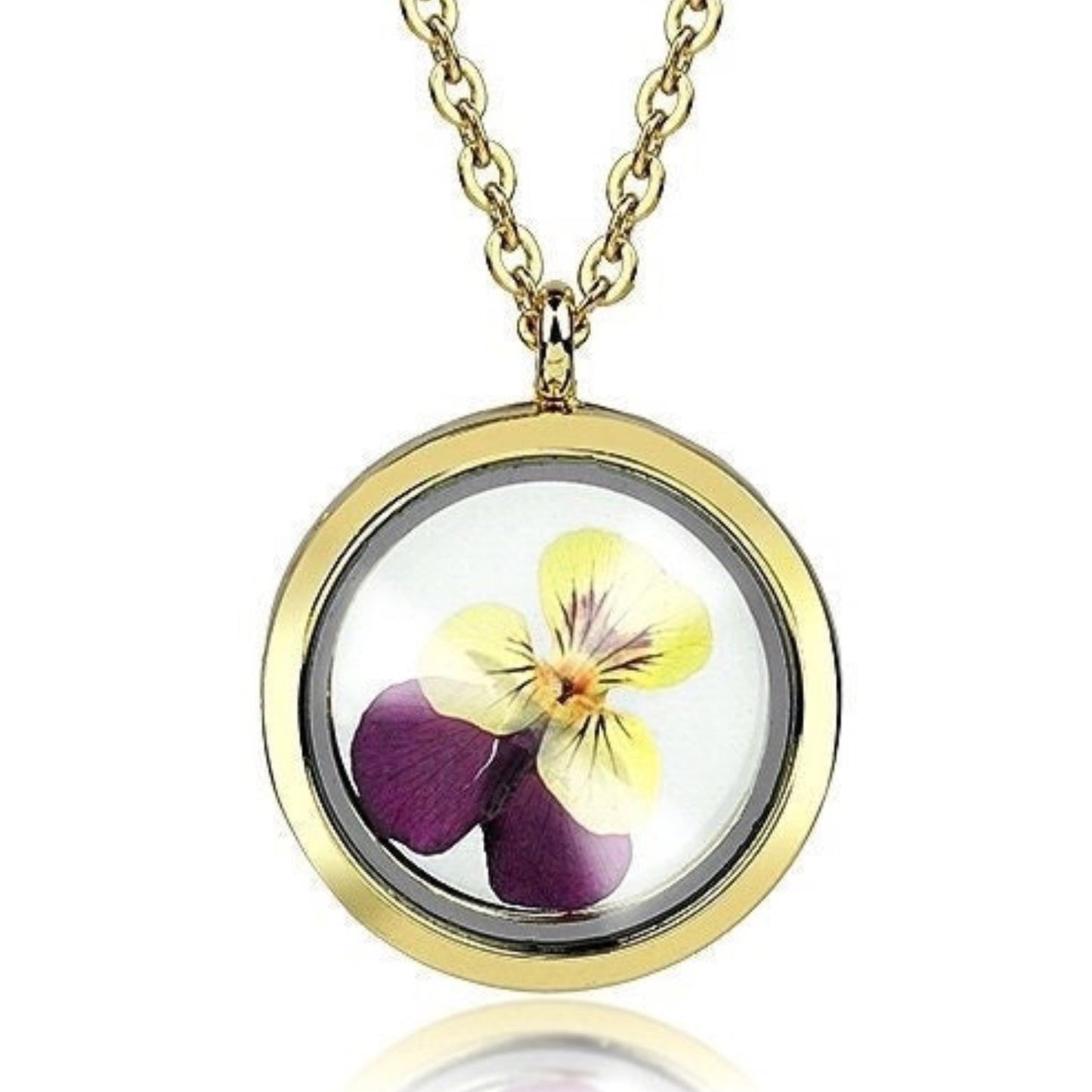 Pansy Glass Gold Locket Pendant Chain - Gold Plated Botany Floral Plants Genuine Flowers Necklace - VIK-71