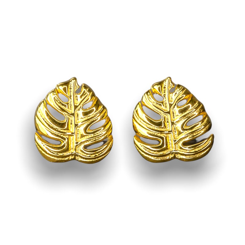 Monstera Leaf Stud Earrings - 925 Gold Gold Plated Exotic Leaves Earrings - Ear925-76