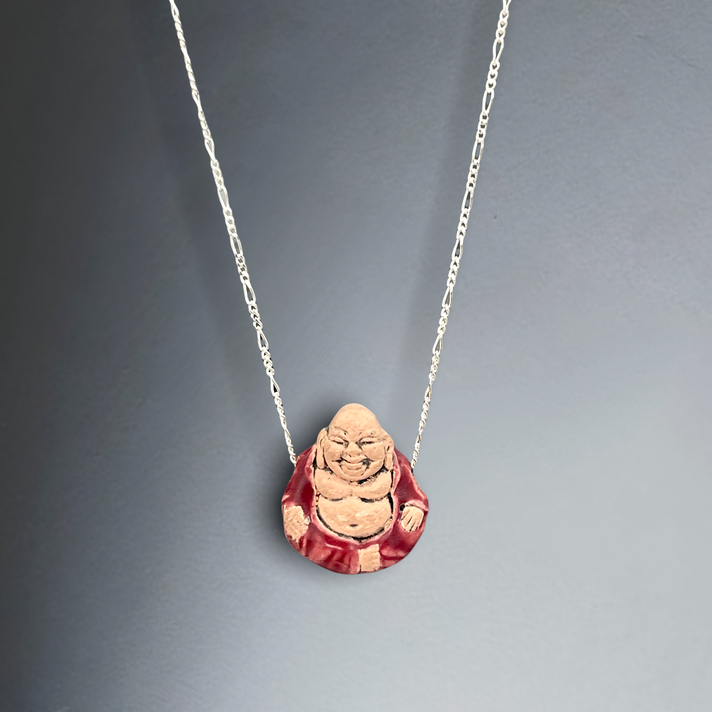 Laughing Buddha made of ceramic on 925 sterling silver chain - K925-73