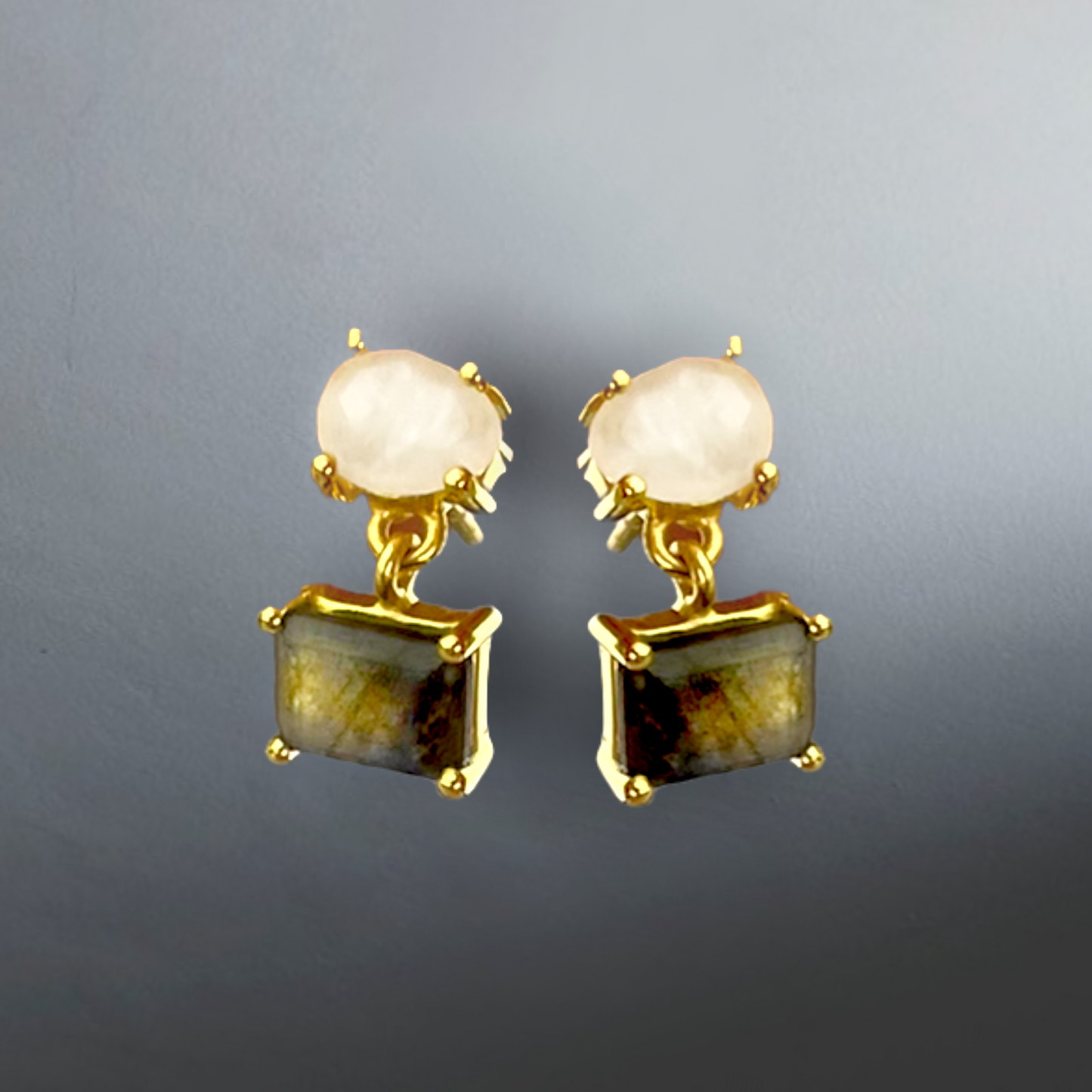 Luxurious Labradorite & Moonstone Gemstone Stud Earrings - 925 Sterling Gold Plated - Ear925-111