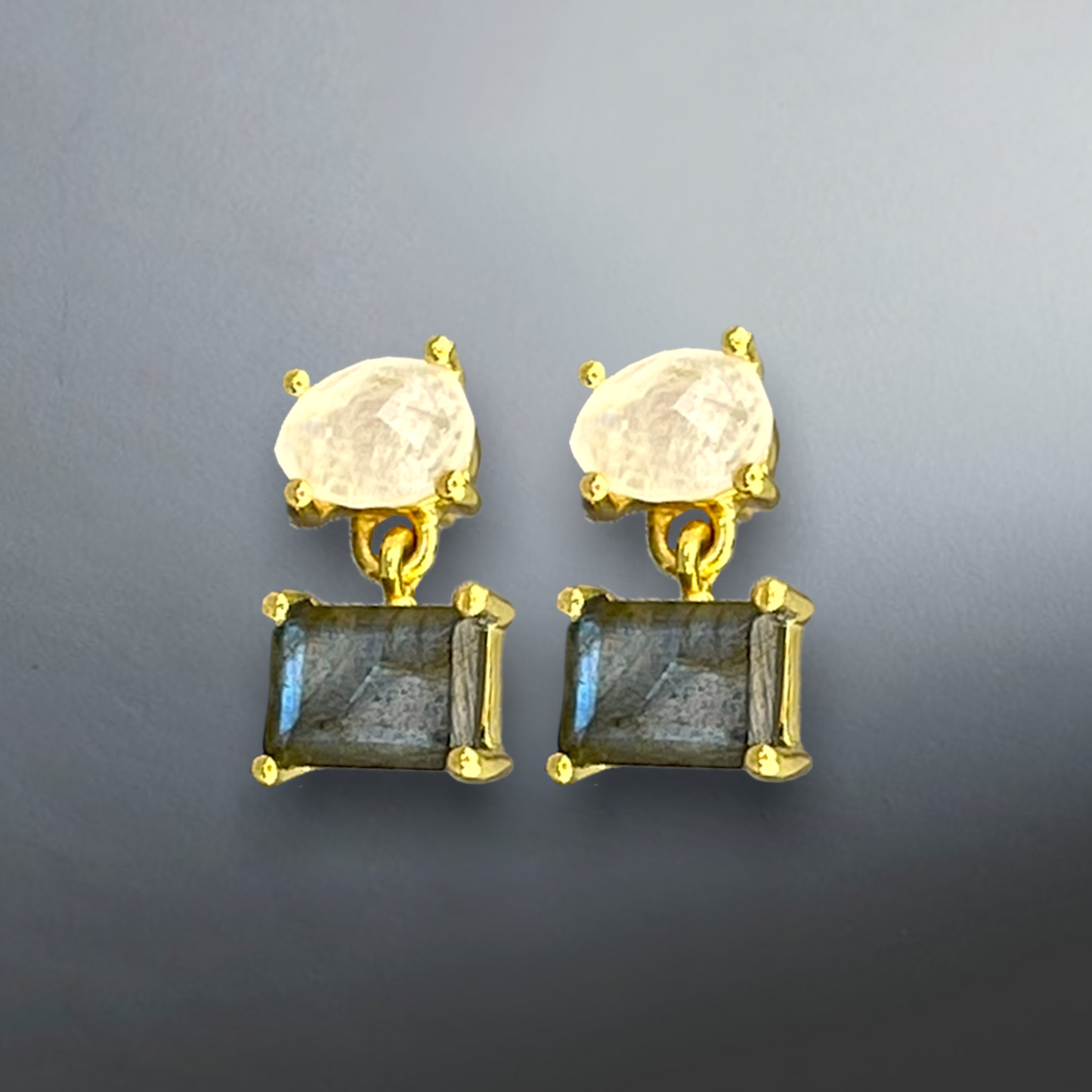 Luxurious Labradorite & Moonstone Gemstone Stud Earrings - 925 Sterling Gold Plated - Ear925-111