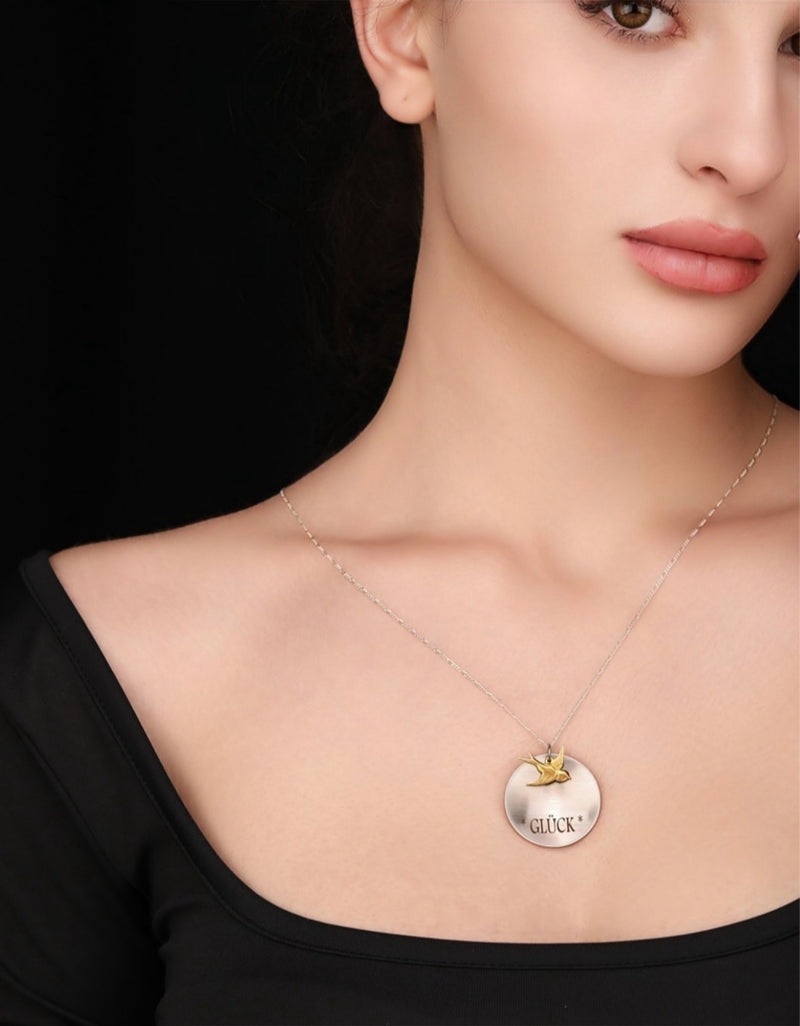 Lucky charm golden swallow engraving chain - 925 sterling silver statement Engraved necklace - K925-113