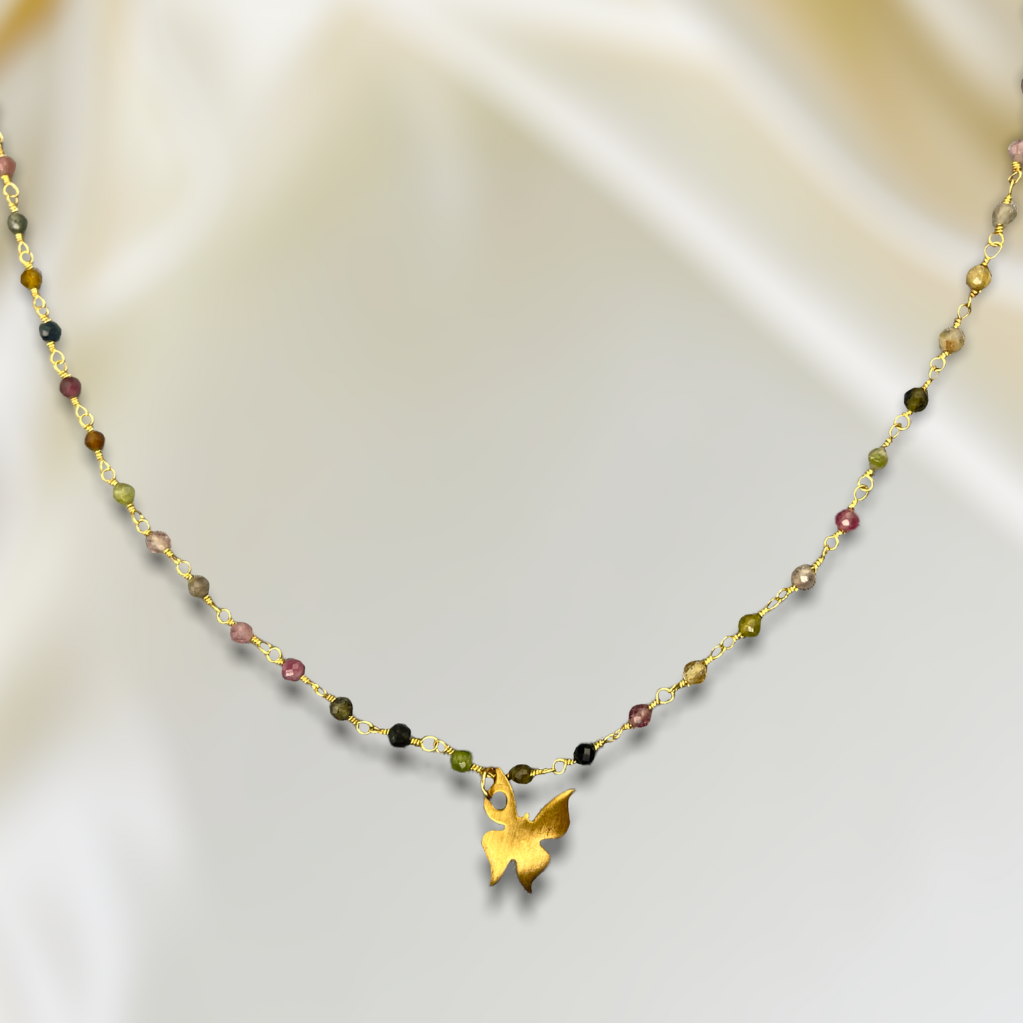 Tourmaline Gold Butterfly Necklace - Gemstone Gradient Metamorphosis Pendant Chain - VIK-106