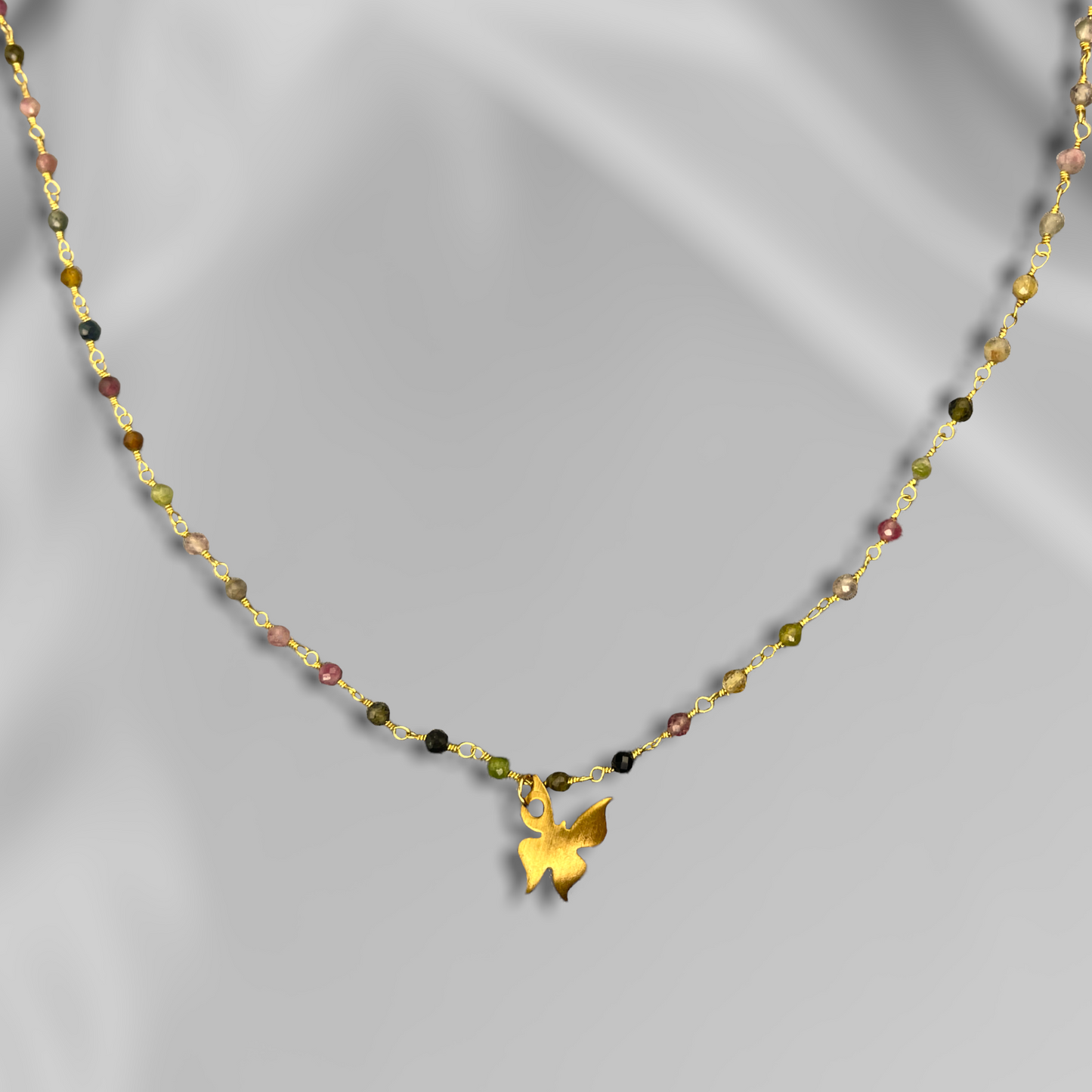 Tourmaline Gold Butterfly Necklace - Gemstone Gradient Metamorphosis Pendant Chain - VIK-106