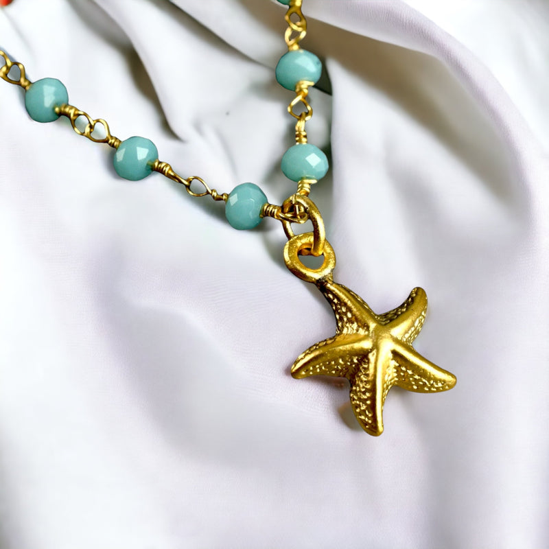 Chalcedon Seestern Gold Necklace-Gold-plated gemstone Rondellen Maritime necklace-VIK-105