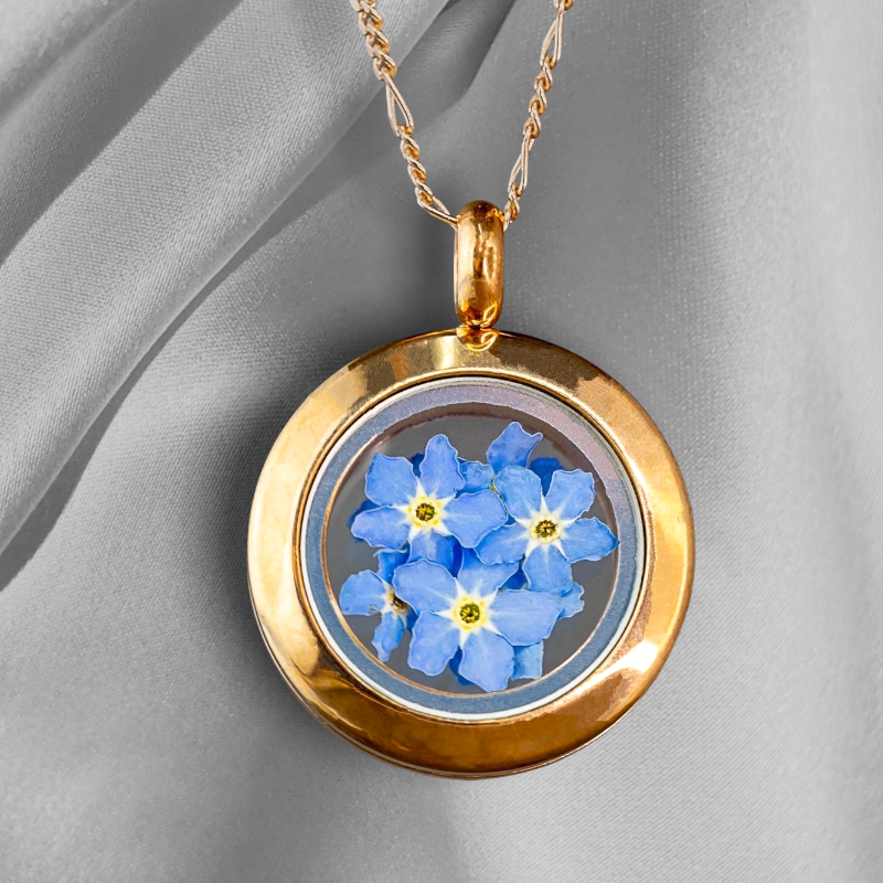 Rosegold gold plated medallion forget-me-not - 925 sterling gold plated chain with genuine flowers - K925-126